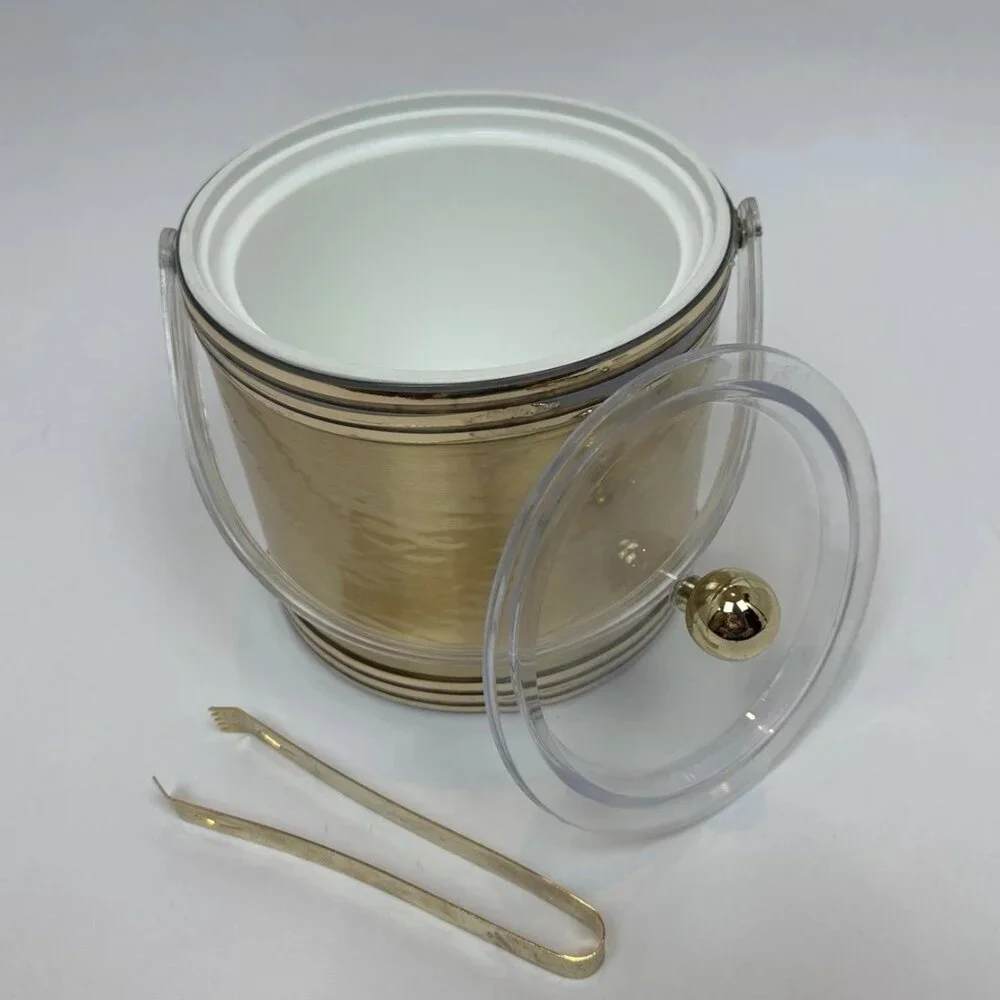 Vintage 1960 Georges Briard Satellite Gold Ice Bucket w/ Lid & Tongs ✨🍸